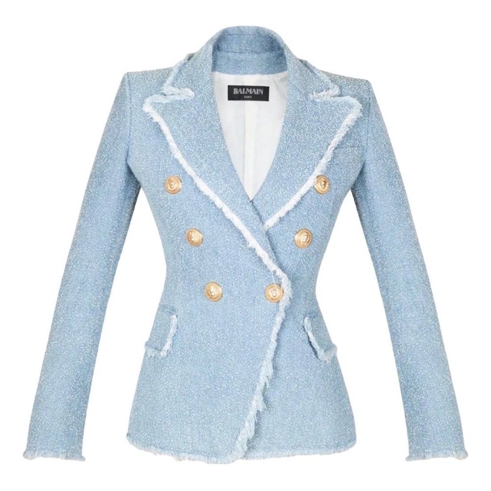 Balmain Blue Denim/Tweed Double-Breasted Blazer with Gold Snap Buttons